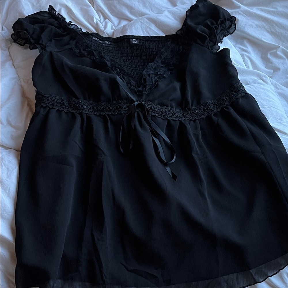 Delicate Black Ruffle Lace-Trim Women's Top
